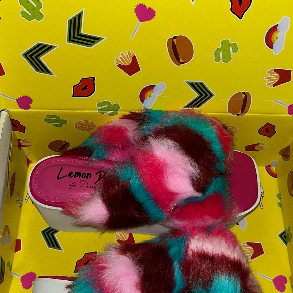 Emo scene platform Multicolor Fur Slide Sandals
